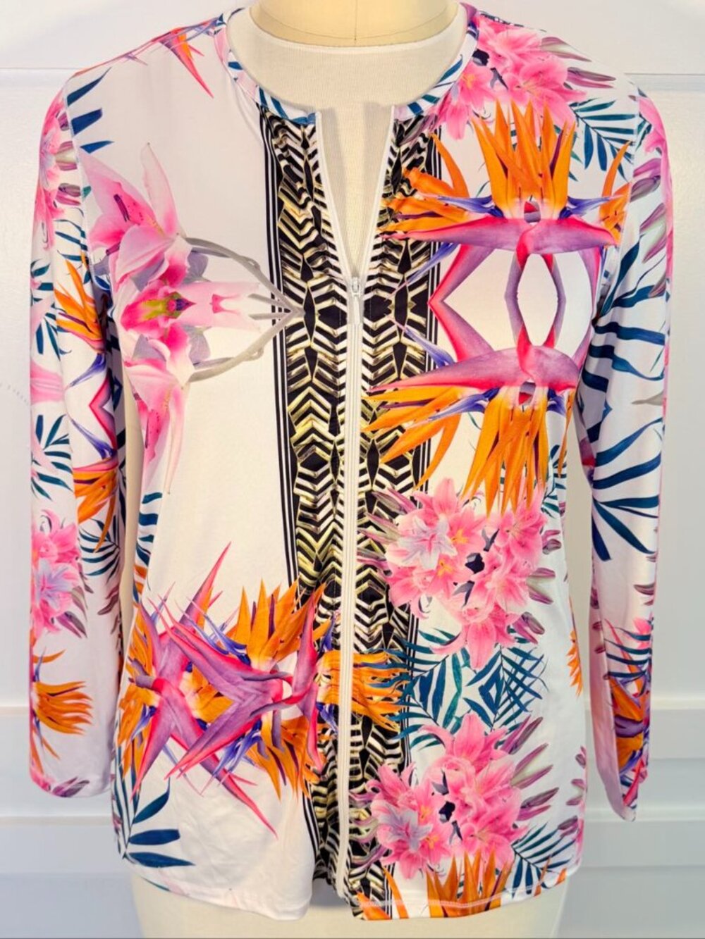 Paradise Bay Pink Orange Women's L fits to 1X Zip Up Floral Top Jacket